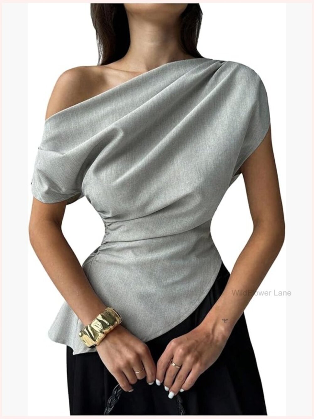 Off Shoulder Asymmetrical Ruched Blouse Dolman Sleeve Work Top